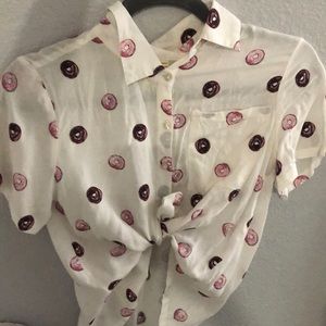 Cute white and pink button up collared donut shirt